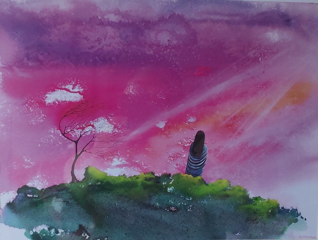 woman in prayer on green hillside with purple and pink sky